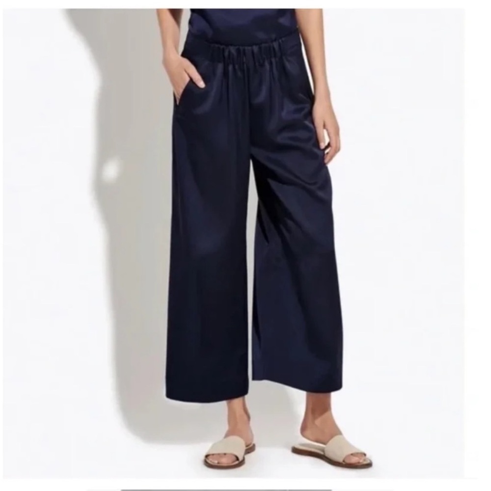 AYR The Blush Satin Navy Blue Flowy Pants